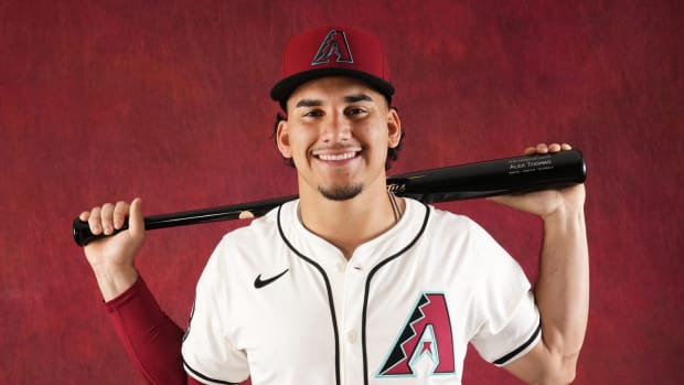 Arizona Diamondbacks outfielder Alek Thomas (5) poses for a photo on Photo Day at Salt River Fields.